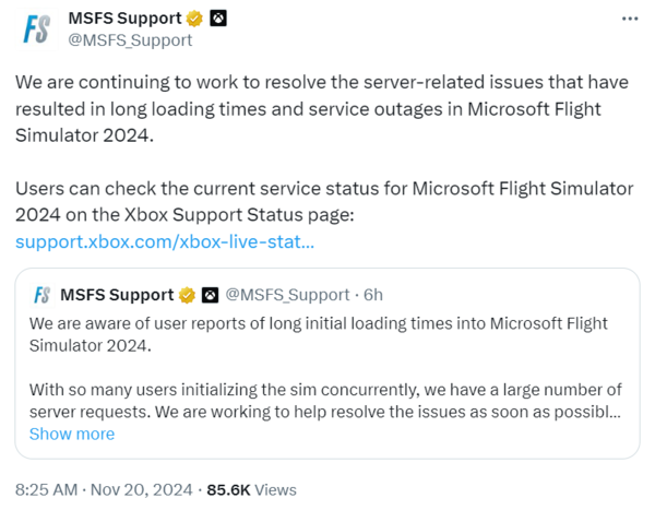 ▲ 'MS 플라이트 시뮬레이터 2024' 개발진은 출시 직후부터 20일 오전까지 문제 해결에 힘을 쏟고 있다는 소식을 전하고 있다(사진=MS 플라이트 시뮬레이터 공식 지원 X)