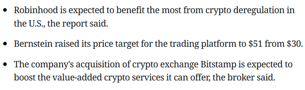 번스타인 분석진은 로빈후드가&nbsp;현지&nbsp;가상화폐&nbsp;규제&nbsp;완화&nbsp;정책에&nbsp;가장&nbsp;큰&nbsp;혜택을&nbsp;받을&nbsp;수&nbsp;있다며&nbsp;목표&nbsp;주가를&nbsp;기존&nbsp;30달러(한화&nbsp;약&nbsp;4만&nbsp;1,904&nbsp;원)에서&nbsp;51달러(한화&nbsp;약&nbsp;7만&nbsp;1,236&nbsp;원)로&nbsp;상향&nbsp;조정했다(사진=코인데스크/ 번스타인)