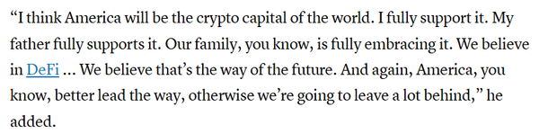 에릭 트럼프는&nbsp;자신과 트럼프 당선 및 가족들이 모두 블록체인 기술 및 가상화폐 기반 금융(DeFi, 디파이) 생태계 지지자라고 전했다(사진=씨앤비씨)