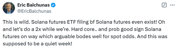 블룸버그 분석가는 솔라나 선물 상장지수퍼드 신청이&nbsp;솔라나 선물 계약과 현물 상장지수펀드 출시에 긍정적일 것으로 전망했다(사진=트위터/ 에릭 발추나스)