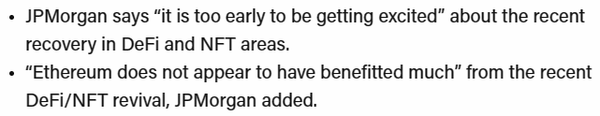 제이피모건은 가상화폐 시장 반등과 함께 증가한 대체불가토큰 및 디파이 이용자 활동이 긍정적인 신호임에는 의심하지 않지만 아직 흥분하기엔 이르다고 생각한다며, 이더리움 가격은 최근 추세로부터 별다른 수확을 거두지 못했다고 전했다(사진=더블록)