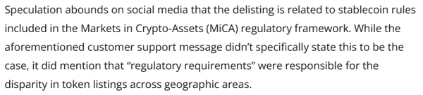 당시 오케이엑스는 ‘테더’ 상장폐지 이유를 정확히 공개하진 않았지만, 업계에서는 오는 6월 시행될 현지 규제안인 ‘미카(MiCA)’의 스테이블코인 규제 요건에 영향을 받았을 거란 추측이 제기됐다(사진=코인텔레그래프)
