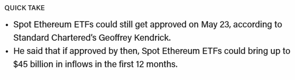 스탠다드차타드 지난 3월 보고서에서 미국 이더리움 현물 상장지수펀드 초기 시장 규모를 150억 달러(20조 250억 원)에서 450억 달러(한화 약 60조 750억 원)로 추산했다(사진=더블록/ 스탠다드차타드)