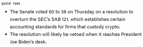 미국 은행의 가상화폐 시장 참여를 실질적으로 제한해 온 현지 증권거래위원회의 가상화폐 수탁(커스터디) 관련 회계지침(SAB 121)을 무력화시키자는 결의안이 상원의회를 통과했다(사진=더블록)