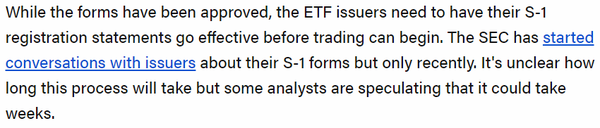더블록은&nbsp;미국 증권거래위원회의 이더리움 현물 상장지수펀드 ‘유가증권신고서’ 승인 및 발효까지 수 주가 걸릴 수 있다고 전했다(사진=더블록)