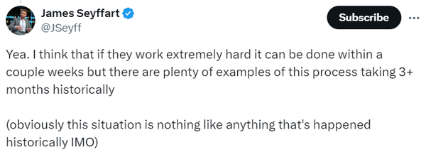 블룸버그의 제임스 세이파트 시장 분석가는 과거 사례를 봤을 때 ‘유가증권신고서’ 발효에 3개월 이상이 소요된 경우도 있었다고 설명했다(사진=트위터/ 제임스 세이파트)