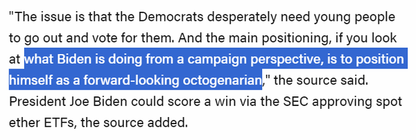 미국 이더리움 현물 상장지수펀드 승인이 조 바이든 대통령의 ‘미래 지향적인 옥토제너리언(80대)’ 이미지와 부합할 수 있다는 업계 분석이 나왔다(사진=더블록)