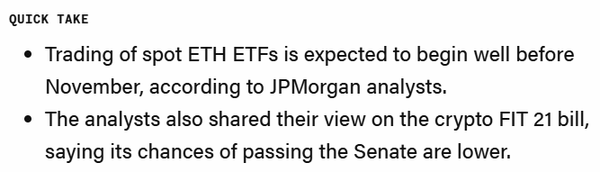 제이피모건은&nbsp;미국 증권시장 내 이더리움 현물 상장지수펀드 예상 거래 개시 시점을 오는 11월 이전으로 제시했다(사진=더블록/ 제이피모건)