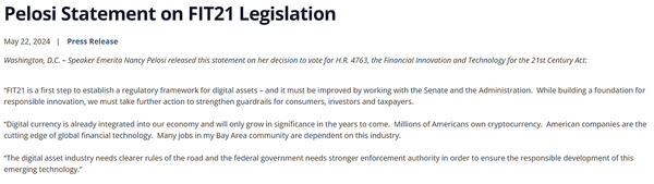 ‘21세기 금융혁신기술법’은 최근 미국 하원의회 표결을 통과했다(사진=낸시 펠로시 공식 웹사이트)