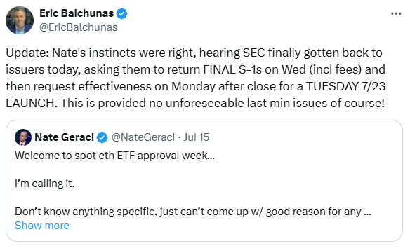 미국 경제매체인 블룸버그 산하 연구진이 현지 이더리움 현물 상장지수펀드 출시 예정 일자를 오는 7월 23일로 특정했다(사진=트위터/ 에릭 발추나스)