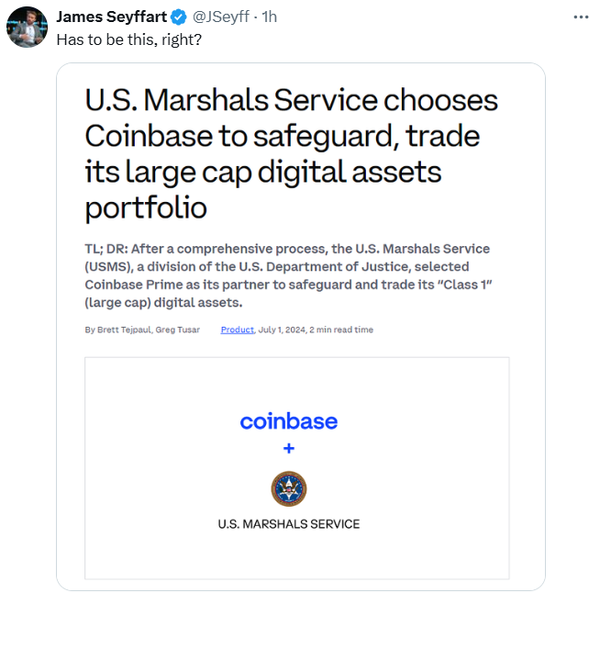 블룸버그 산하 시장 분석가는 현지 연방보안청이 지난 7월 1일 코인베이스와 체결한 가상화폐 수탁 서비스 계약을 언급하며, 금일 오전 전송된 비트코인 2만 9,800개가 매도보다는 관리에 목적을 뒀을 수 있다고 전했다(사진=트위터/ 제임스 세이파트)