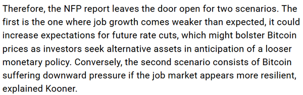 비트파이넥스 시장 분석가는&nbsp;일자리 증가세가 예상보다 약할 경우로, 향후 금리 인하에 대한 기대가 높아질 수 있다고 설명했다(사진=크립토브리핑)