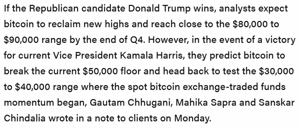 번스타인은&nbsp;&nbsp;트럼프 후보가 오는 11월 현지 대선에서 승리할 경우 비트코인 가격이 8만 달러에서 9만 달러 사이에 포진할 것이며, 질 경우&nbsp;3만 달러에서 4만 달러 사이로 후퇴할 수 있다고 전했다(사진=더블록/ 번스타인)
