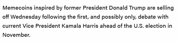 더블록은 트럼프 후보자 테마 가상화폐가 오는 11월 미국 대선을 앞두고 벌어진 해리스 후보와의 토론 이후 매도세를 보이고 있다고 전했다(사진=더블록)