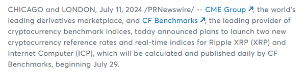 미국 시카고상품거래소는 현지시간으로 지난 7월 29일부터 리플과 인터넷컴퓨터 가상화폐의 기준환율과 실시간 지수 정보를 제공했다(사진=시카고상품거래소)