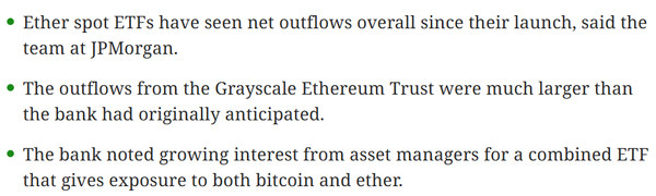 제이피모건은 최근 보고서에서 현지 이더리움 현물 상장지수펀드 출시 후 흐름이 올해 초 발행된 비트코인 투자 상품과 상반된다고 밝혔다(사진=제이피모건)