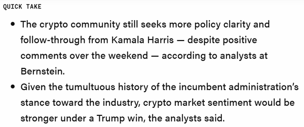 번스타인 분석진은 주간 보고서를 통해 해리스 후보의 최근 가상화폐 시장 독려 발언에도 업계는 그에게 더 뚜렷한 공약을 요구 중이라고 전했다(사진=더블록/ 번스타인)