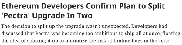 이더리움 블록체인 네트워크 개발자 커뮤니티는 최근 열린 ‘실행 계층 회의 196’을 통해 ‘펙트라’ 하드포크를 두 단계로 분리하기로 결정했다(사진=코인데스크)