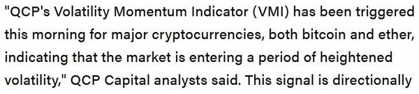 큐씨피캐피탈은 자체 변동성 모멘텀 지표가 반등 국면을 맞이했다며 가상화폐 시장 변동성이 높아질 수 있다고 밝혔다(사진=더블록/ 큐씨피캐피탈)