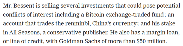 뉴욕타임스에 따르면 베센트 지명자는 이해상충 논란을 피하기 위해 보유 비트코인 상장지수펀드를 매각할 예정이다(사진=뉴욕타임스)