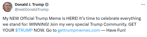 솔라나 블록체인 기반의 ‘트럼프’ ‘밈 코인’ 출시 소식은 트럼프 당선인 개인 사회관계망서비스(SNS)를 통해 공개됐다(사진=트위터/ 도널드 트럼프)
