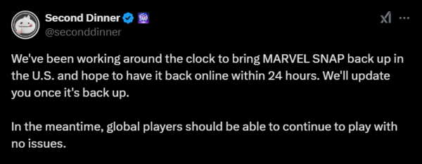 (사진 = '마블 스냅' 개발사 세컨드 디너의 X 캡쳐 화면. 업체는 게임을 복구하기 위해&nbsp;