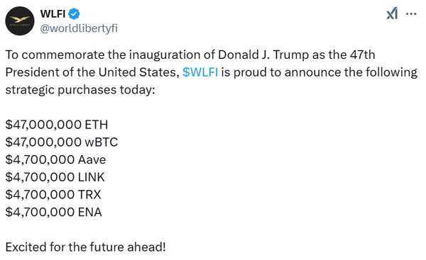 ‘월드리버티파이낸셜’ 프로젝트팀은 최근 도널드 트럼프 대통령의 취임식을 기념해 ‘이더리움’, ‘랩트비트코인’, ‘에이브’, ‘체인링크’, ‘트론’, ‘에테나’를 매입했다(사진=트위터/ 월드리버티파이낸셜)