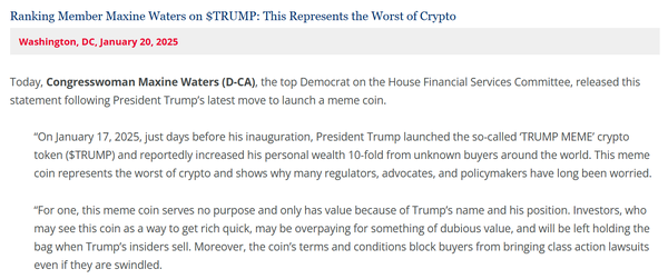 맥신 워터스 미국 민주당 하원의원은 최근 트럼프 대통령의 가상화폐 발행을 비판하는 성명을 발표했다(사진=미국 하원 금융서비스위원회)