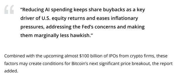 마커스 틸렌 10엑스리서치 분석가는&nbsp;미국 주요 인공지능 기업들의 가치 하락이 인플레이션 압력 완화로 이어져 추가적인 금리 인하 정책을 유도할 것으로 전망했다(사진=코인텔레그래프)