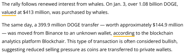 현지시간으로 지난 1월 3일 4억 1,300만 달러(한화 약 6,035억 원) 상당의 ‘도지코인’ 10억 8천만 개 가량이 가상화폐 큰손 투자자에 의해 매수됐다(사진=코인텔레그래프)
