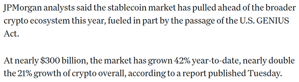 제이피모건(J.P.Morgan) 투자은행은 자체 보고서를 통해 ‘지니어스’ 법안의 영향으로 스테이블코인 시장 규모가 지난 1월 부터 42% 확대됐다고 밝혔다(사진=코인데스크/ 제이피모건)