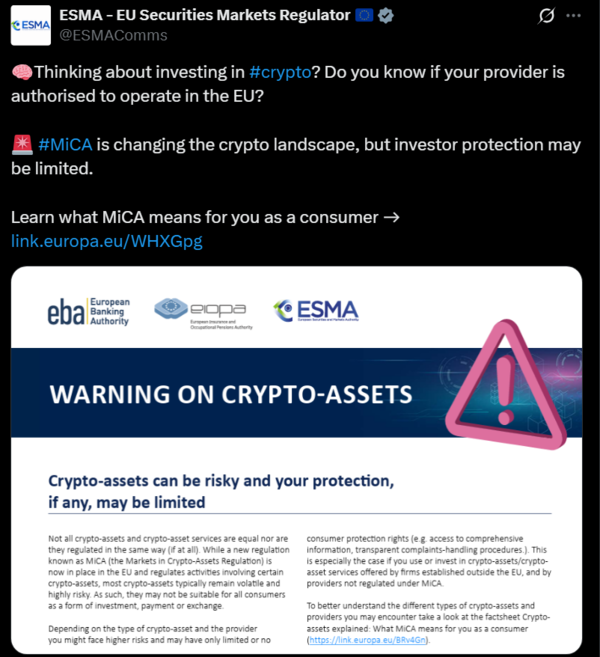유럽에서는 현지 증권시장감독청(ESMA)이 가상화폐 거래소 및 운영자에 대한 규제 권한을 확보하기 위해 노력 중이다(사진=트위터/ 유럽 증권시장감독청)