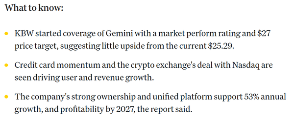 키프브루옛앤우즈(이하 KBW)는 주간 보고서를 통해 제미니 가상화폐 거래소 주식 목표 주가와 투자 의견으로 각각 27달러(한화 약 3만 8,772원)와 ‘마켓 퍼폼(Market Perform)’을 제시했다(사진=코인데스크/ KBW)