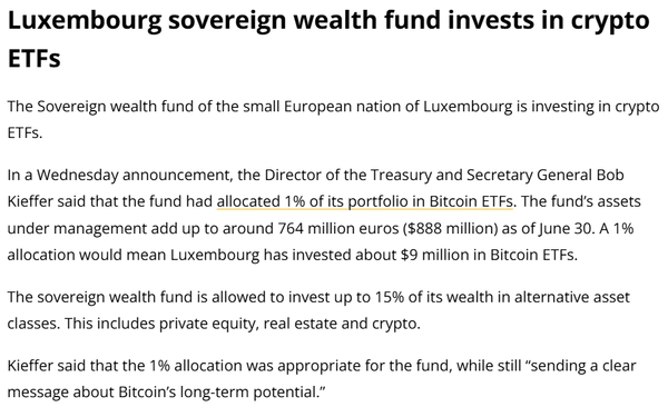 룩셈부르크 재무부 국장은 현지시간으로 지난 10월 8일 현지 국부펀드가 포트폴리오의 1%를 비트코인 상장지수펀드에 할당 중이라고 발표했다(사진=코인텔레그래프)