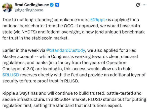 리플랩스 최고경영자는 미국 연방 은행업 라이선스가 승인되면 스테이블코인 시장에 대한 신뢰를 연방 및 주 정부에서 모두 얻게 될 것이라고 발언한 바 있다(사진=트위터/ 브래드 갈링하우스)