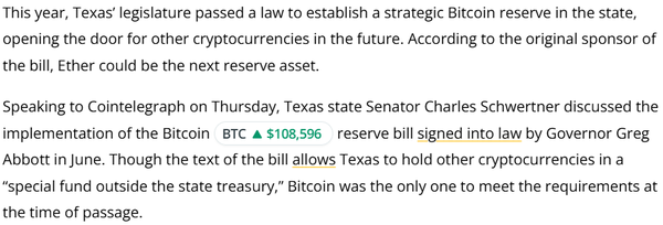 텍사스&nbsp;상원의원은 ‘이더리움’이 차기 의회 준비 자산으로 지정될 수 있다고 밝혔다(사진=코인텔레그래프)