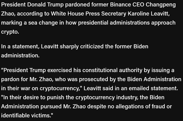 미국 트럼프 대통령이 자오 창펑 바이낸스 전 최고경영자를 사면했다(사진=더블록)