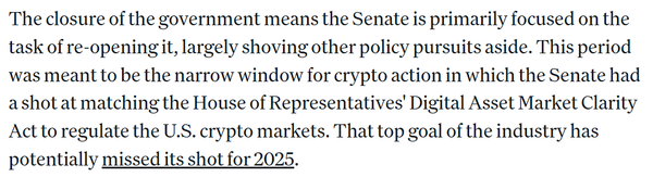 매체는 미국 정부 셧다운으로 현지 상원이 정부 정상화에 집중하며 올해 가상화폐 최우선 목표였던 ‘클라리티(CLARITY)’ 규제안 법제화가 달성되지 못할 가능성이 커지고 있다고 전했다(사진=코인데스크)