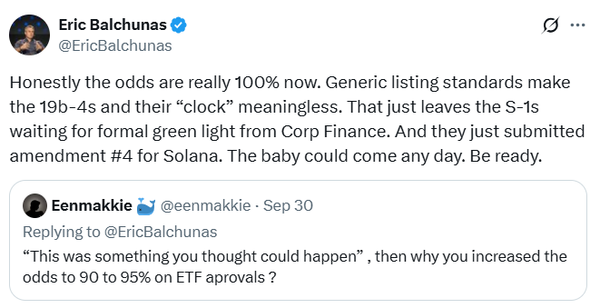 블룸버그 분석가는 연내 90%에서 95%로 예상됐던 ‘엑스알피’ 등 특정 가상화폐 상장지수펀드 출시 가능성을 ‘규칙변경신고서’ 서류 간소화로 100%로 상향 조정한 바 있다(사진=트위터/ 에릭 발추나스)