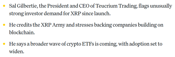 테우크리움 최고경영자는 자사 ‘엑스알피’ 상장지수펀드가 출시 16주 만에 수억 달러의 자금을 유치시켰다고 밝혔다(사진=코인데스크)