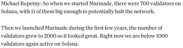 초창기 700명 수준이었던 솔라나 네트워크 검증인 수는 2천 명 이상으로 증가한 후 현재 1천 명 이하 수준으로 감소한 상태다(사진=코인데스크)