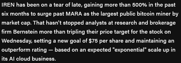 번스타인은 아이리스에너지의 인공지능 클라우드 사업 활황을 예상하며 목표 주가와 투자 의견을 각각 75달러(한화 약 10만 5,750원)와 ‘아웃퍼폼’으로 제시했다(사진=더블록)