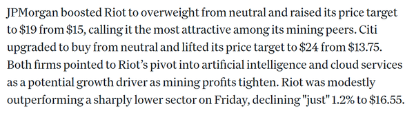 제이피모건(J.P.Morgan)과 씨티그룹(Citi Group)이 비트코인 채굴 업체인 라이엇플랫폼스(RIOT)에 대한 목표 주가와 투자 의견을 상향 조정했다(사진=코인데스크)