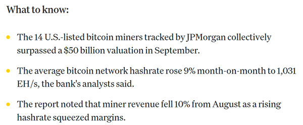 지난 9월 미국 비트코인 채굴 상장사 14곳의 시가총액이 500억 달러(한화 약 70조 4,600억 원)를 돌파했다(사진=제이피모건)