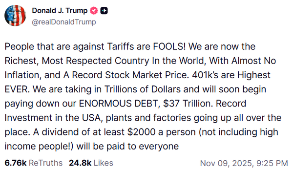 트럼프 대통령은 미국이 관세로 수조 달러를 거두고 있으며, 관련 수익을 현지 정부 부채인 37조 달러(한화 약 5경 3,790조 원)를 갚는 데 쓰일 것이라고 밝혔다(사진=트루스소셜)