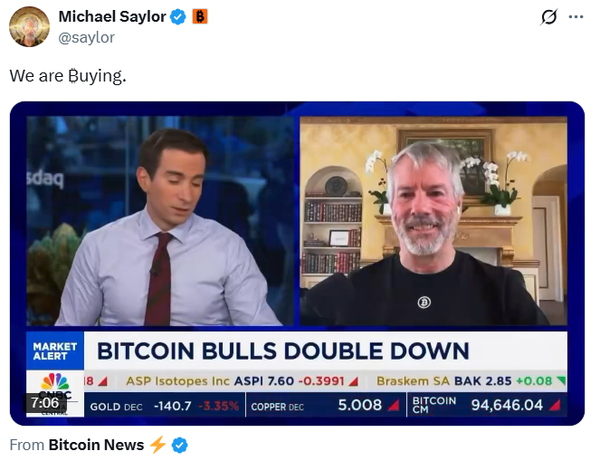 스트래티지 비트코인 매도설을 마이클 세일러 최고경영자는 즉각적으로 부인했다(사진=트위터/ 마이클 세일러)