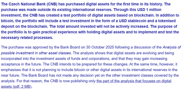 체코국립은행이 글로벌 중앙은행 기관 최초로 비트코인을 매수했다(사진=체코국립은행)