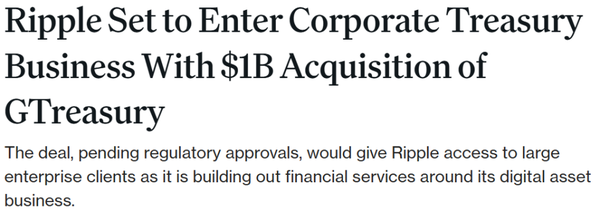 리플은 현지시간으로 지난 10월 16일 재무 관리 업체 ‘지트레저리(GTreasury)’를 10억 달러(한화 약 1조 4,180억 원)에 인수하겠다고 발표했다(사진=코인데스크)