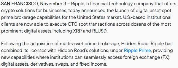 리플이 현지시간으로 지난 11월 3일 미국에서 디지털자산 현물 프라임 브로커리지 서비스인 ‘리플 프라임’을 공식 출시했다(사진=리플)