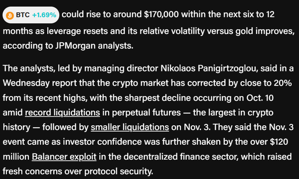 제이피모건 분석진은 비트코인 가격이 금과 비교했을 때의 적정 가치보다 약 6만 8천 달러(한화 약&nbsp;9,913만 원) 낮다며 향후 6개월에서 12개월 사이에 17만 달러(한화 약 2억 4,784만 원)까지 오를 가능성이 있다고 밝혔다(사진=제이피모건)
